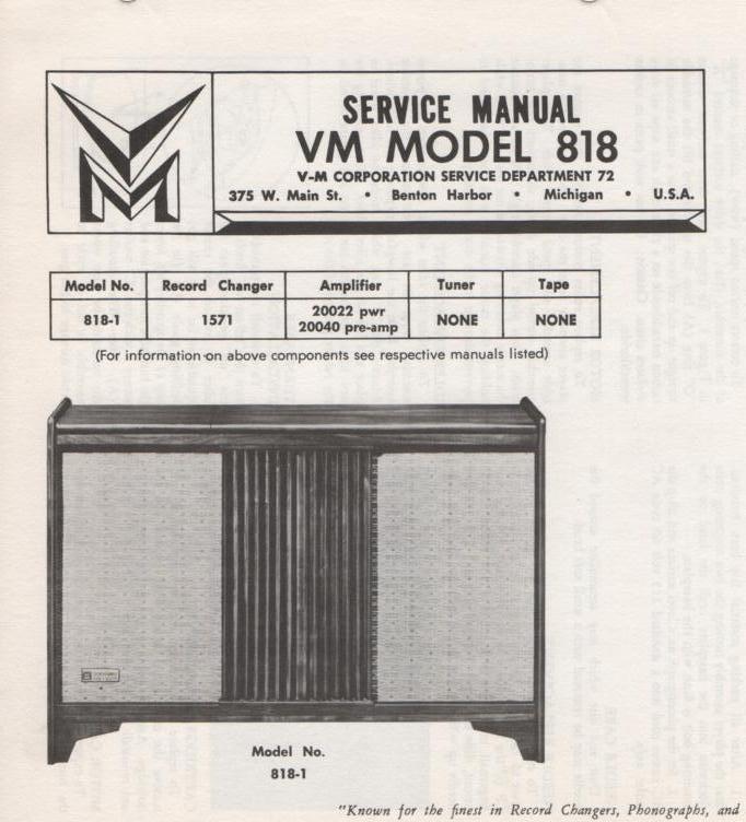 818 Console Service Manual.  Comes with 1571 record changer manual and 20022 20040 manuals