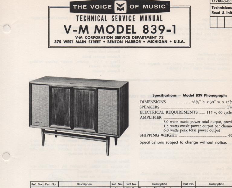839-1 Console Service Manual... Comes with 1257 record changer manual. no schematics..