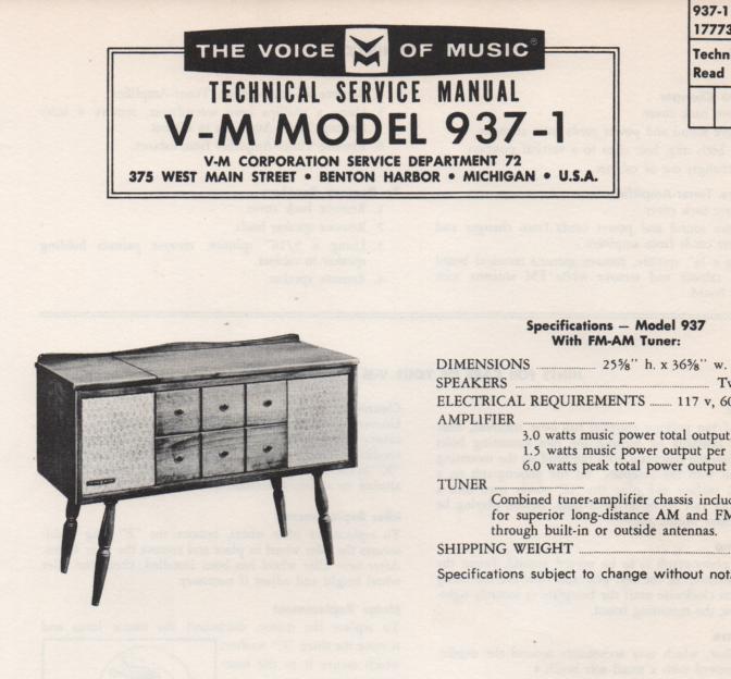 937-1 Console Service Manual..   Comes with 1257 record changer manual..  No schematics..
