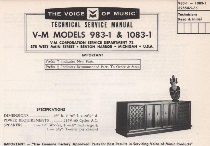 983-1 Console Service Manual. Comes with 1297 changer manual and 20228 amplifier tuner manual and 1482-1 manual.