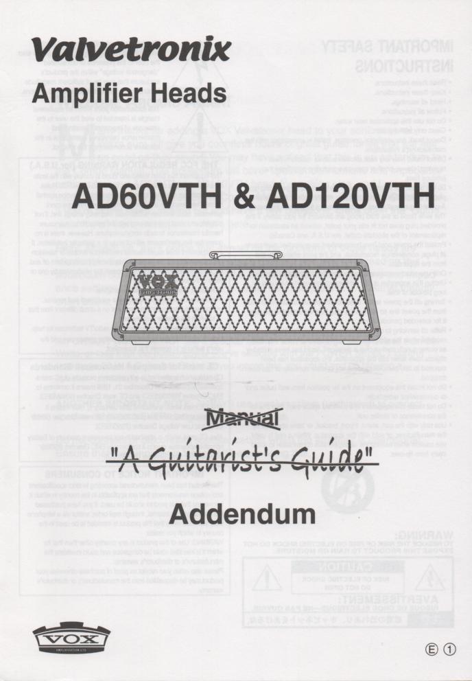 AD60VTH AD120VTH Valvetronix Guitar Amplifier Owners Manual 2. 
