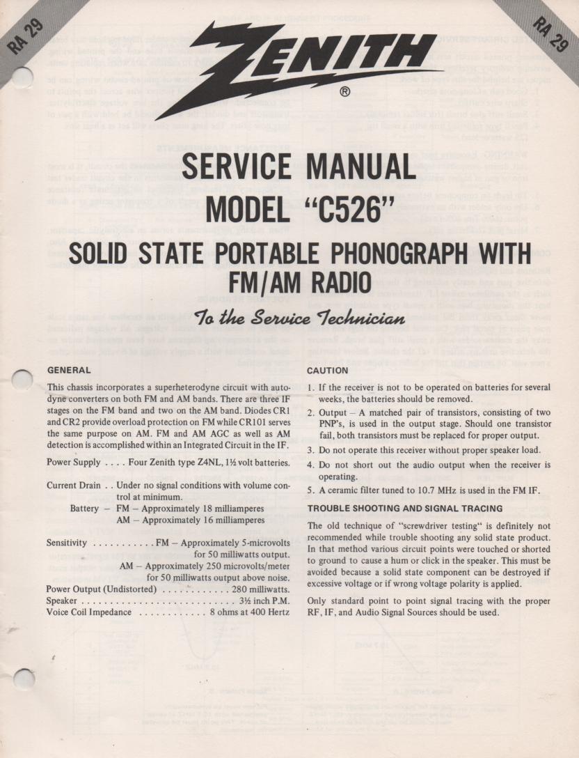 C526 AM FM Radio Phonograph Service Manual RA29