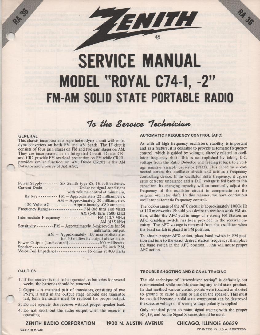 C74-1 C74-2 Royal C74-1 C74-2 AM FM Radio Service Manual RA36