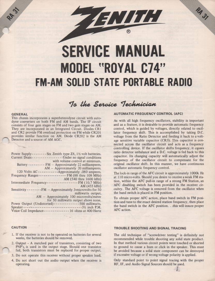 C74 Royal C74 AM FM Radio Service Manual RA31