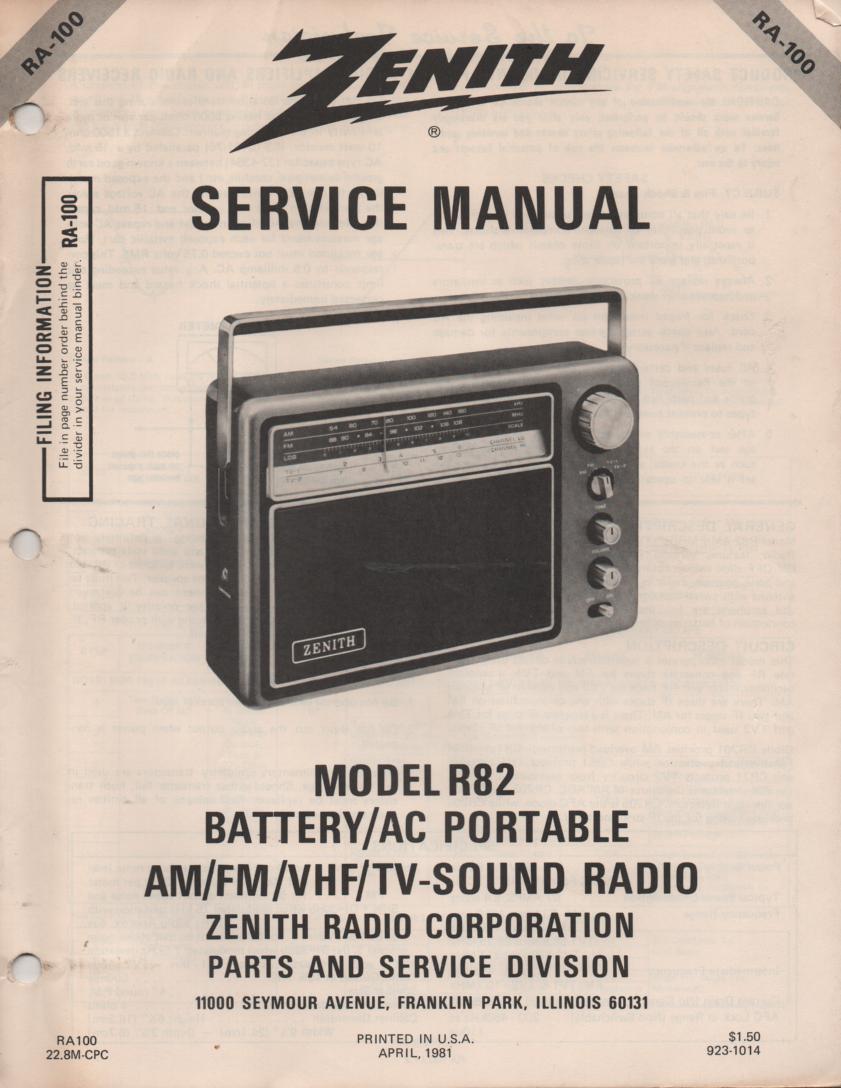 R82 AM FM TV Radio Service Manual RA100