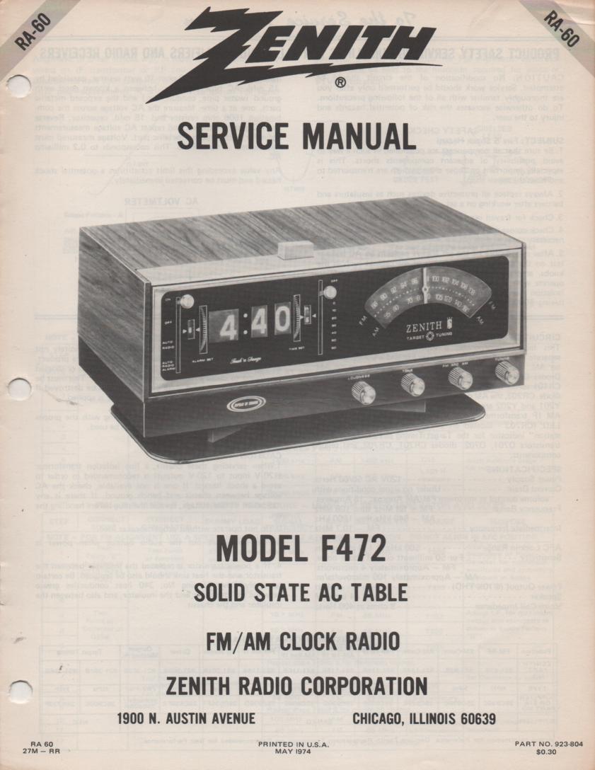 F472 AM FM Clock Radio Service Manual RA60