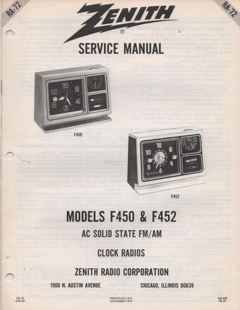 F450 F452 F476 AM FM Clock Radio Service Manual RA72