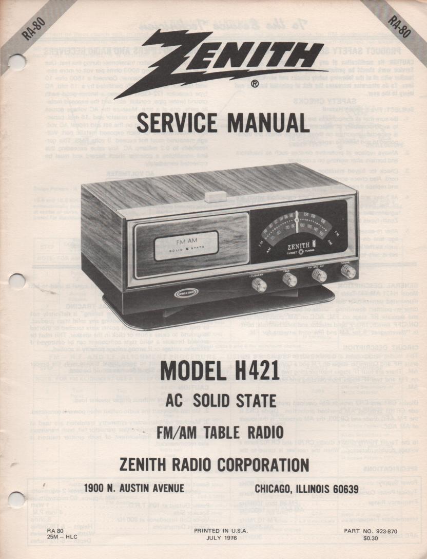 H421 AM FM Table Radio Service Manual RA80