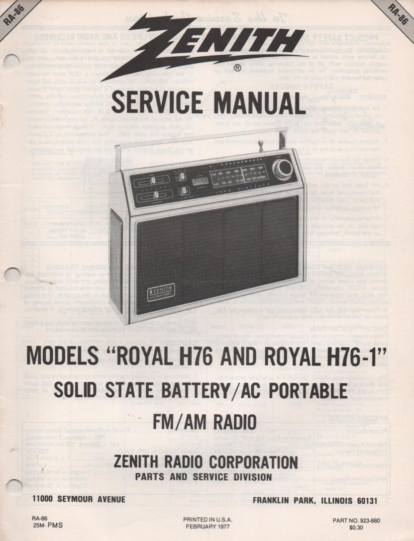 H76 H76-1 Royal H76 H76-1 AM FM Radio Service Manual RA86