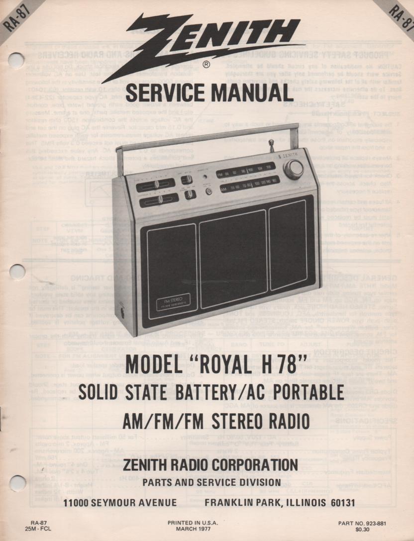 H78 Royal H78 AM FM Radio Service Manual RA87