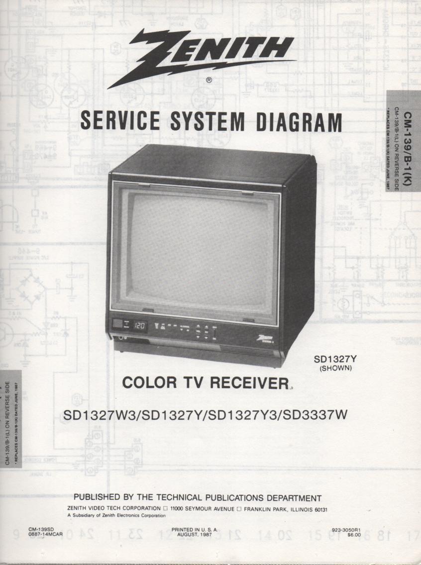 SD1327W3 SD1327Y SD1327Y3 TV Service Diagram CM-139 B-1 K L Chassis Television Service Information With Schematics