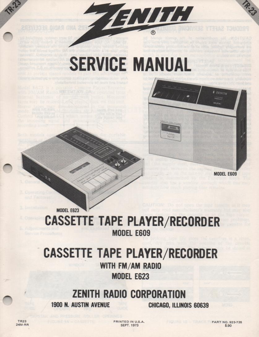 E609 E623 Cassette Tape Player Recorder Service Manual TR23