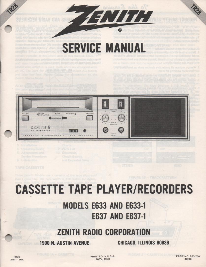 E633 E633-1 E637 E637-1 Cassette Tape Player Recorder Service Manual TR28