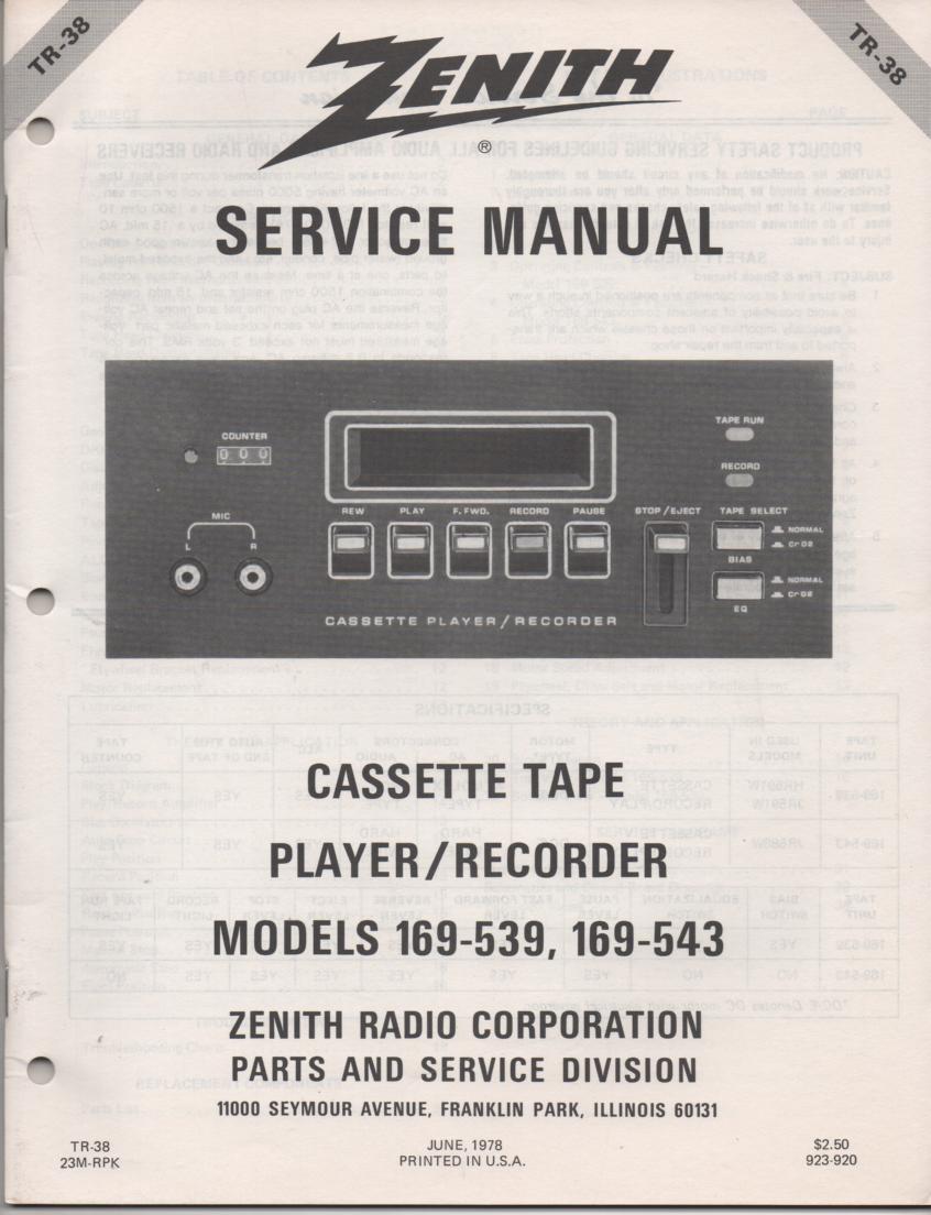 169-539 169-543 8-Track Player Recorder Service Manual TR38