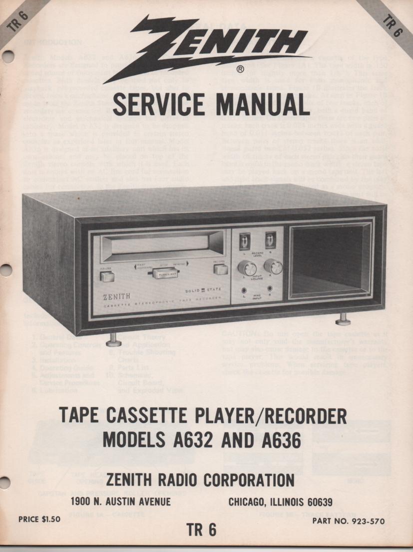 A632 A636 Cassette Player Recorder Service Manual TR6