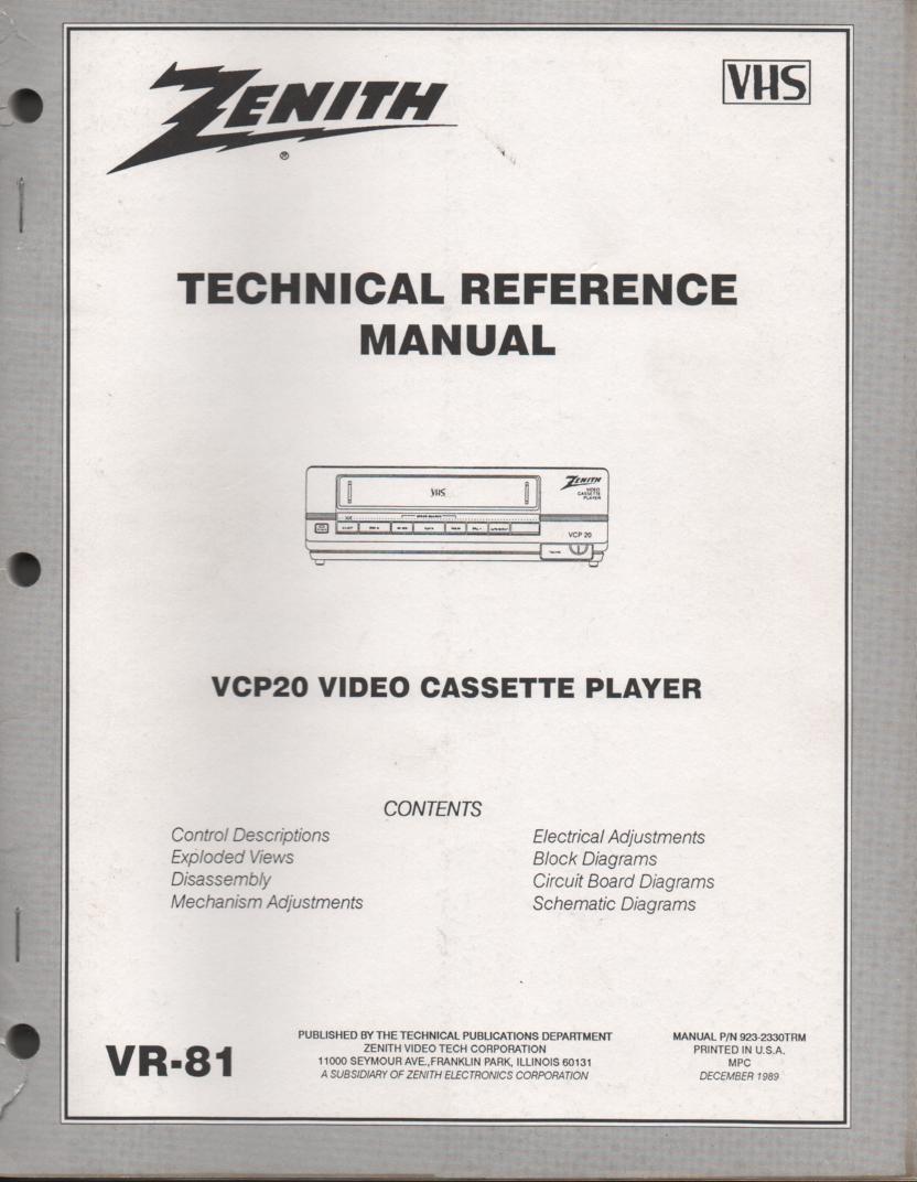 Zenith VCP20 VCR Technical Reference Manual... 
Manual VR-81