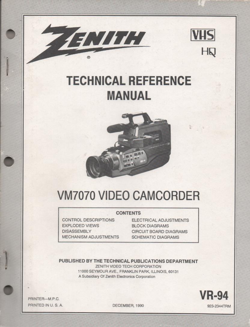 Zenith VM7070 Camcorder Technical Reference Service Manual...  VR-94