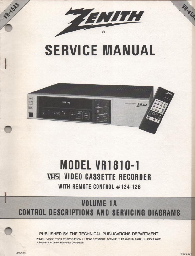 VR1810-1 VCR Control Descriptions Service Diagram Manual VR45AS  