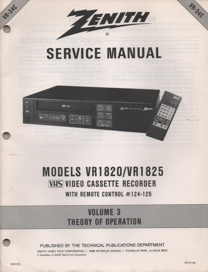 VR1820 VR1825 VCR Theory of Operation Technical Service Manual VR34C  This is not an owners manual..