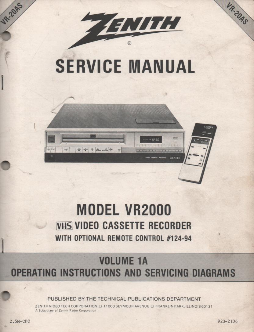 VR2000 VCR Operating Instruction Manual VR20AS.. Front section of service manual is the owners manual..