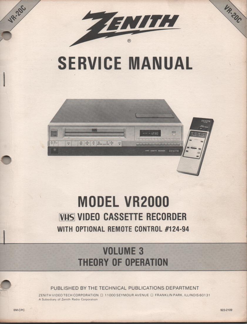 VR2000 VCR Theory of Operation Technical Service Manual VR20C  This is not an owners manual..