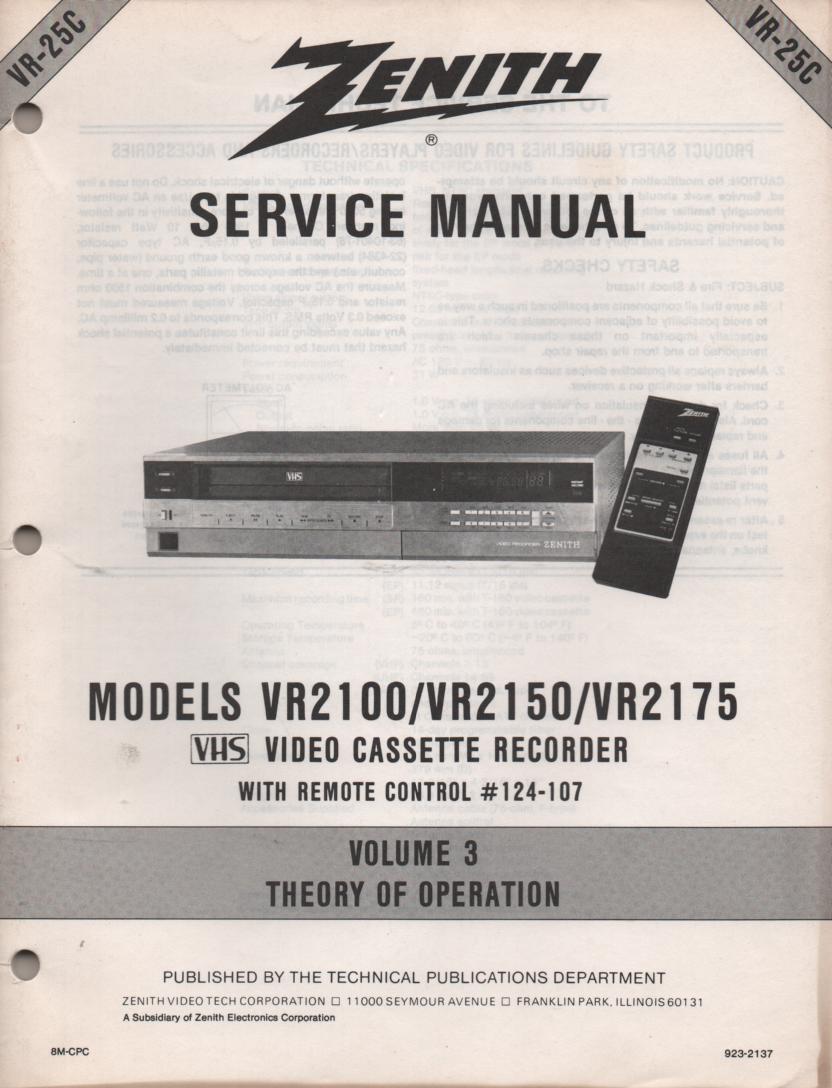 VR2100 VR2150 VR2175 VCR Theory of Operation Technical Service Manual VR25C. This is not an owners manual..  