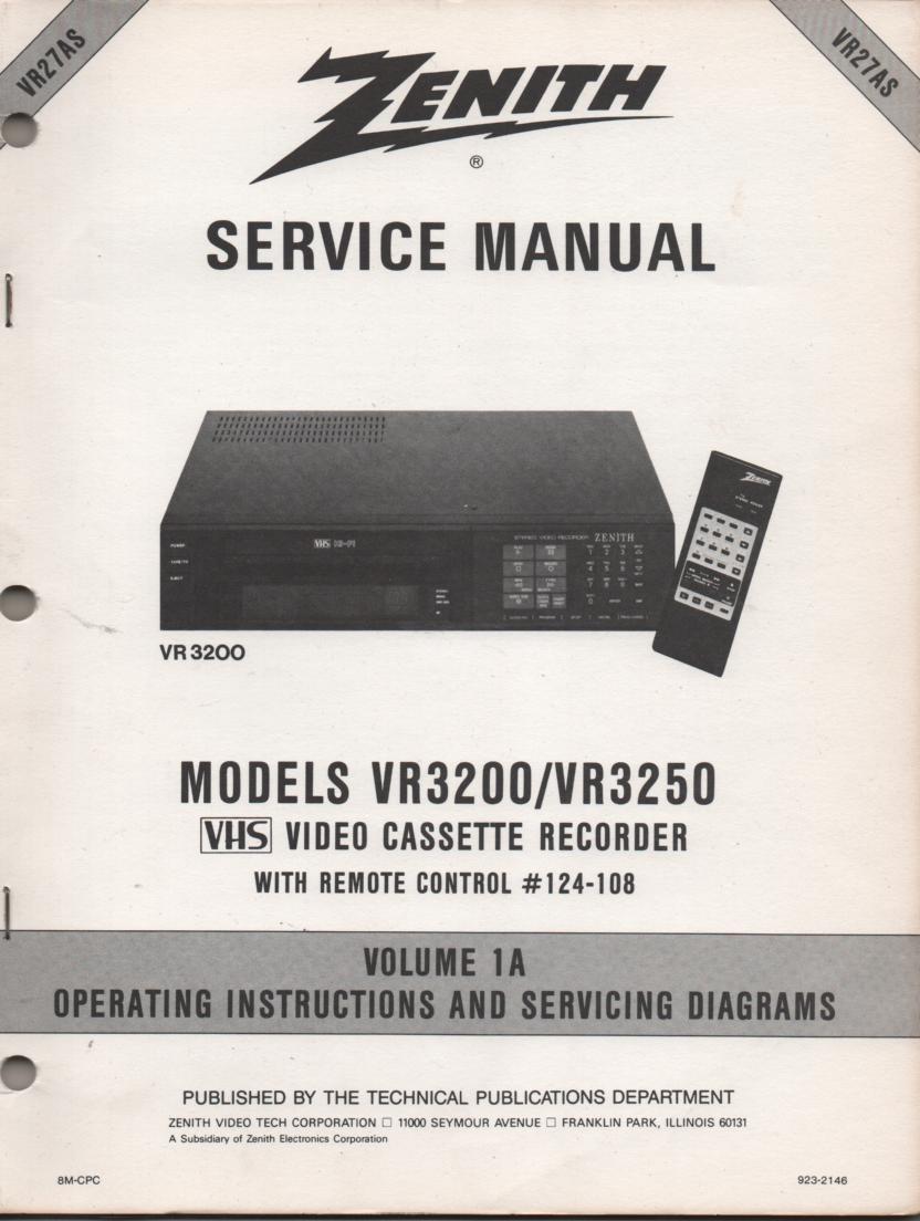 VR3200 VR3250 VCR Operating Instruction Manual..VR27AS.. Front section of service manual in the owners manual..