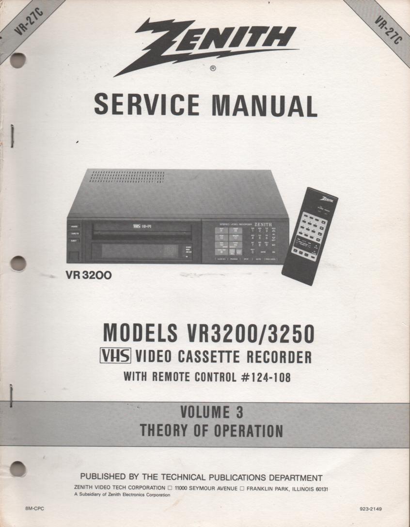 VR3200 VR3250 VCR Theory of Operation Technical Service Manual VR27C  This is not an owners manual..