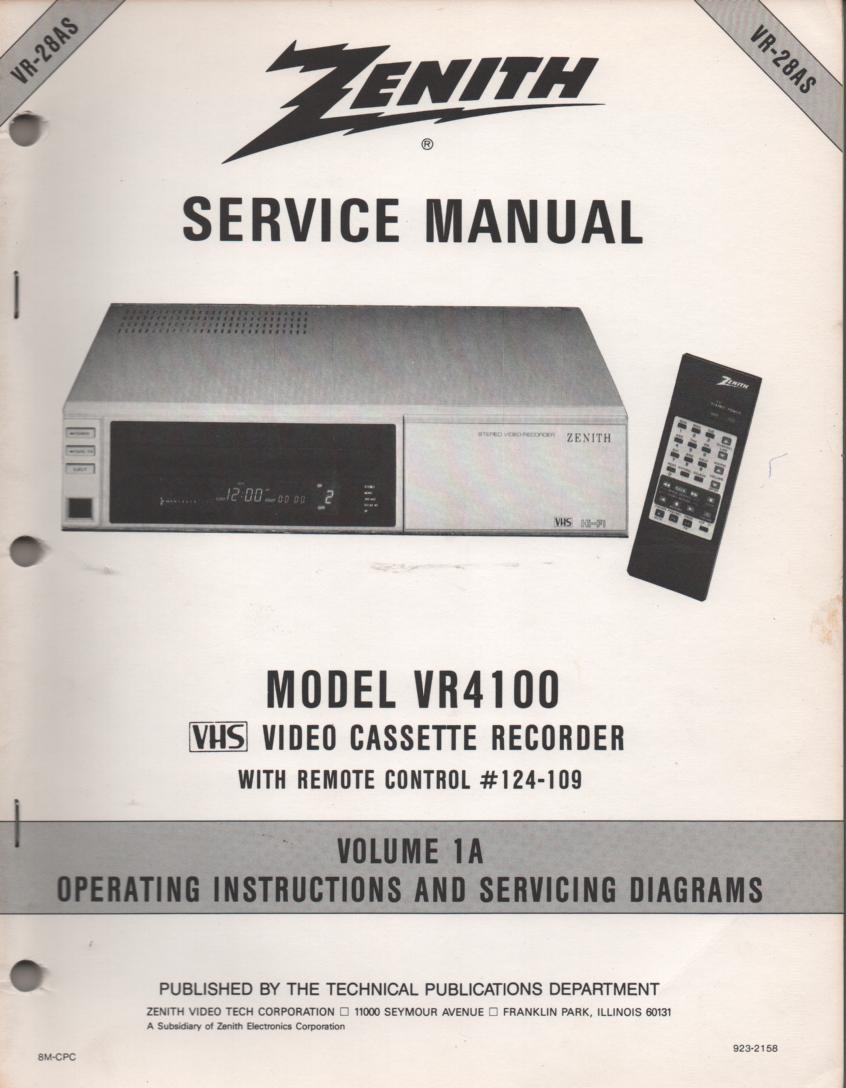 VR4100 VCR Operating Instruction Manual VR28AS.. Front section of service manual is the owners manual..