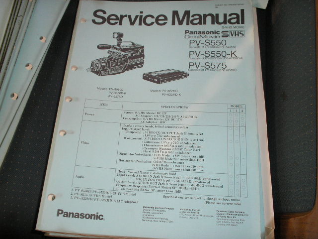 PV-S550 PV-S550-K PV-S575 Camcorder Service Manual