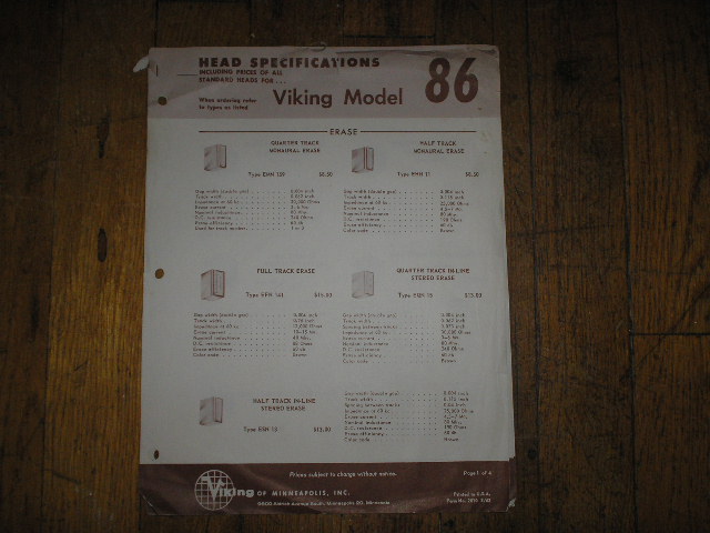86 Tape Transport Head Specification Sheets