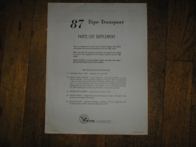 87 Tape Transport Parts List Supplement