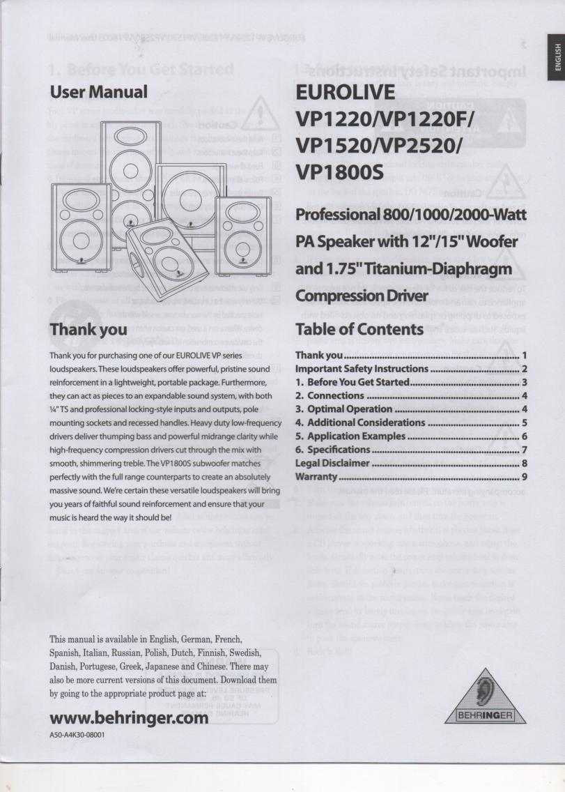 VP1220 VP1220F VP1520 VP1800S VP2520 Speaker System English Owners Instruction Manual  BEHRINGER