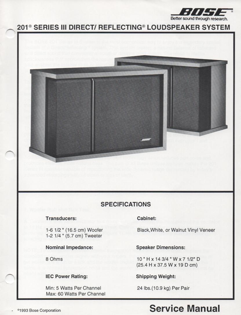 201 Series III Direct Reflecting Speaker System Service Manual  Bose 