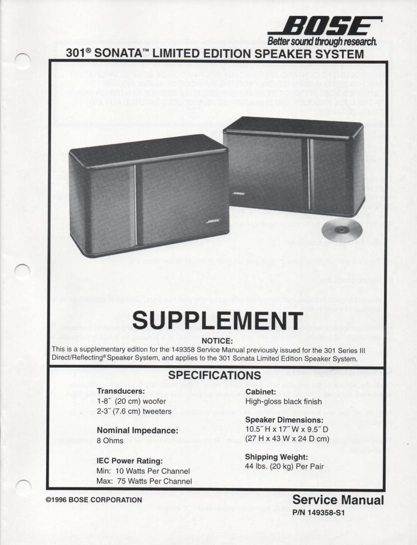 301 Sonata Direct Reflecting Speaker System Service Manual  Bose 