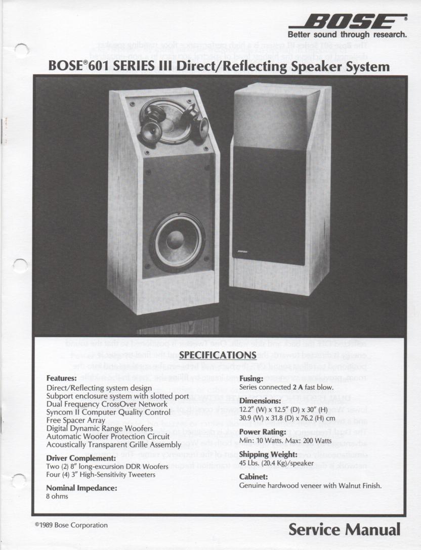 601 Series III Direct Reflecting Speaker System Service Manual  Bose 
