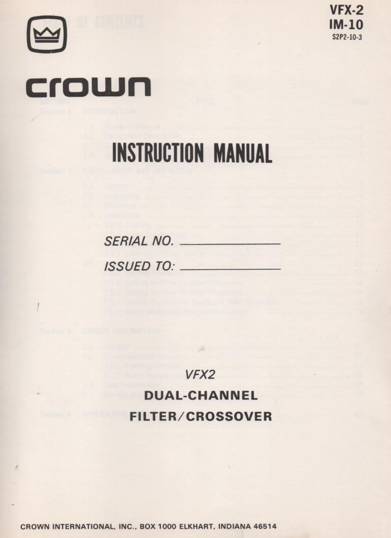 VFX-2 Dual Channel Crossover Filter Owners Service Manual..  IM-10