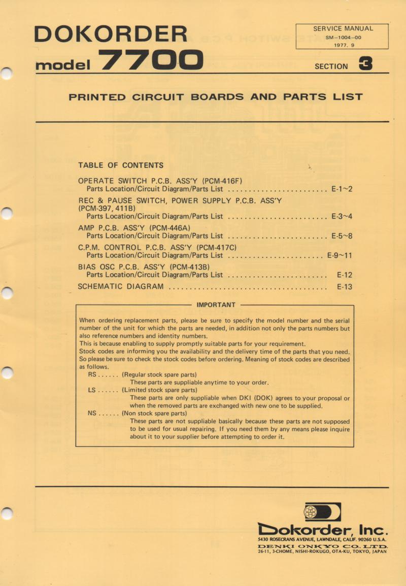 7700 Reel to Reel Schematic and Board Service Manual 3  Dokorder