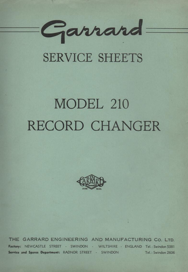 209 210 Record Changer Turntable Service Manual  GARRARD