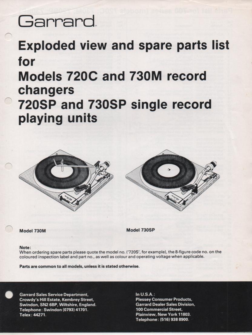 720C 720SP 730M 730SP Turntable Exploded View and Parts List Manual  GARRARD