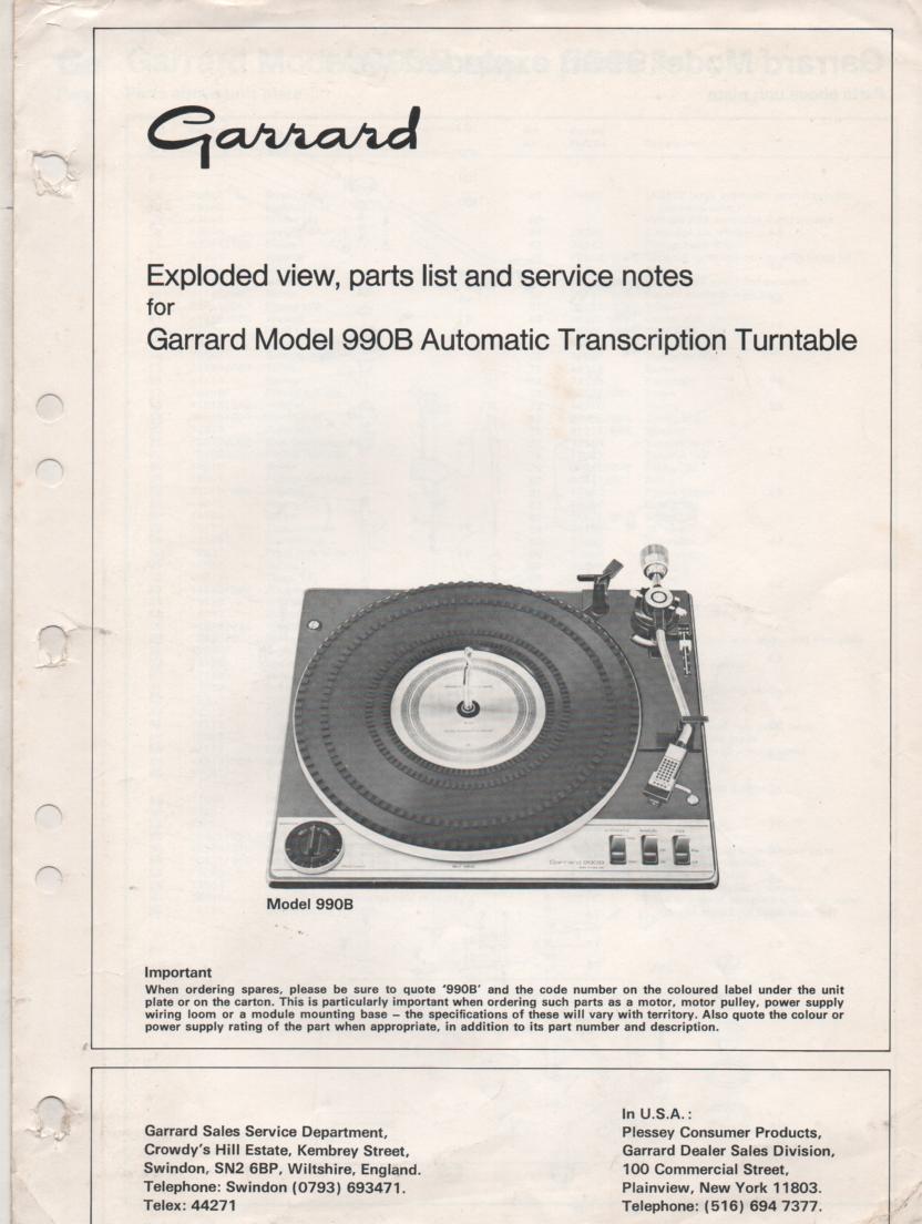 990B Turntable Service Manual  GARRARD