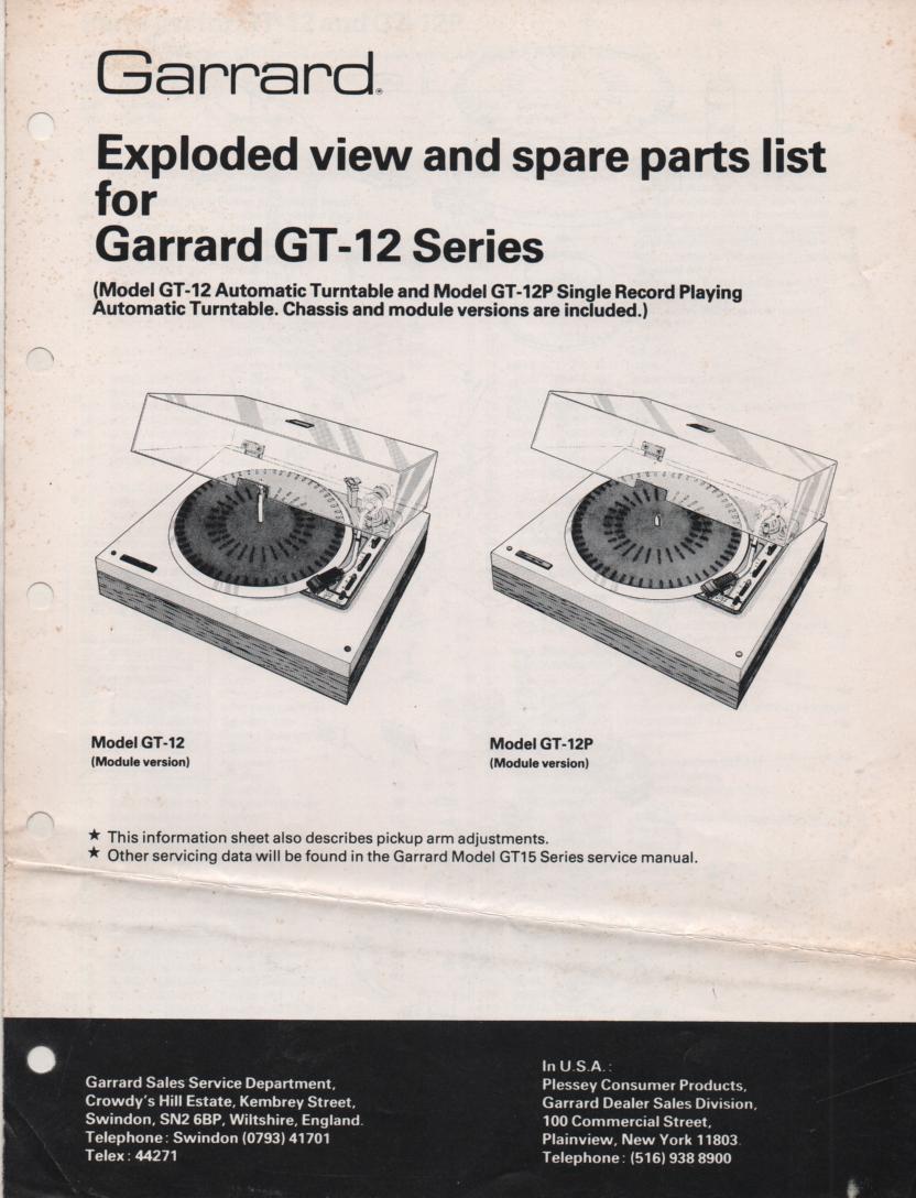 GT-12 GT-12P Turntable Exploded View and Parts Service Manual  GARRARD