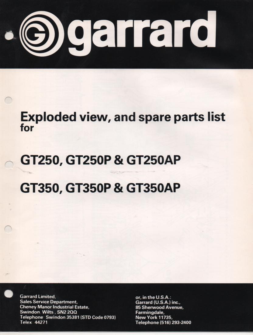 GT250 GT250P GT250AP Turntable Exploded View Parts Manual  GARRARD