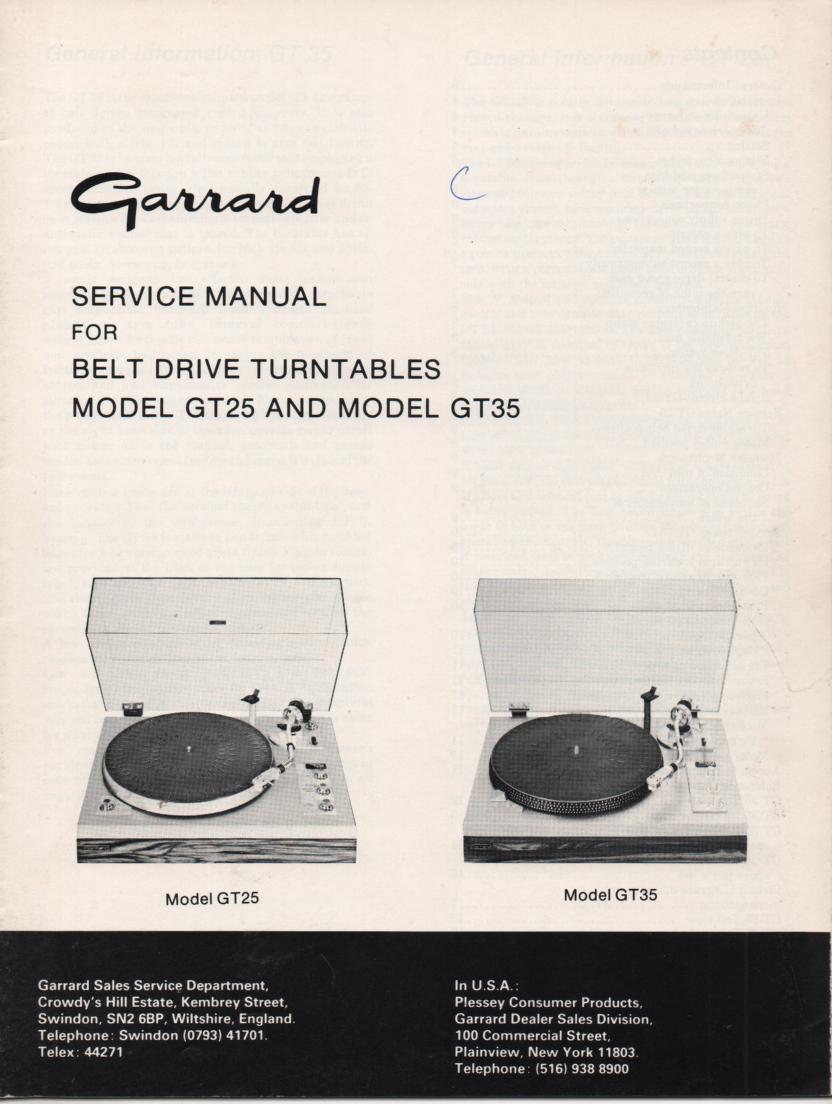 GT-25 GT-35 Turntable Service Manual  GARRARD