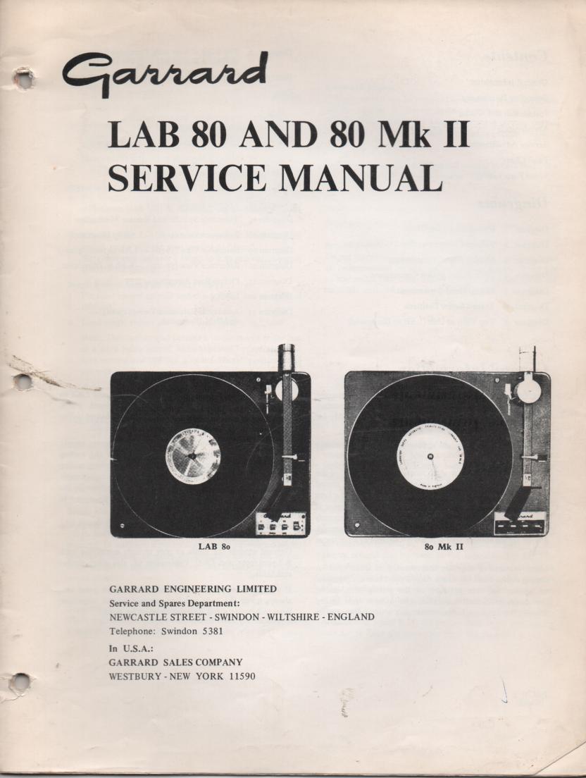 Lab 80 Lab 80 Mk II Turntable Setvice Manual  GARRARD