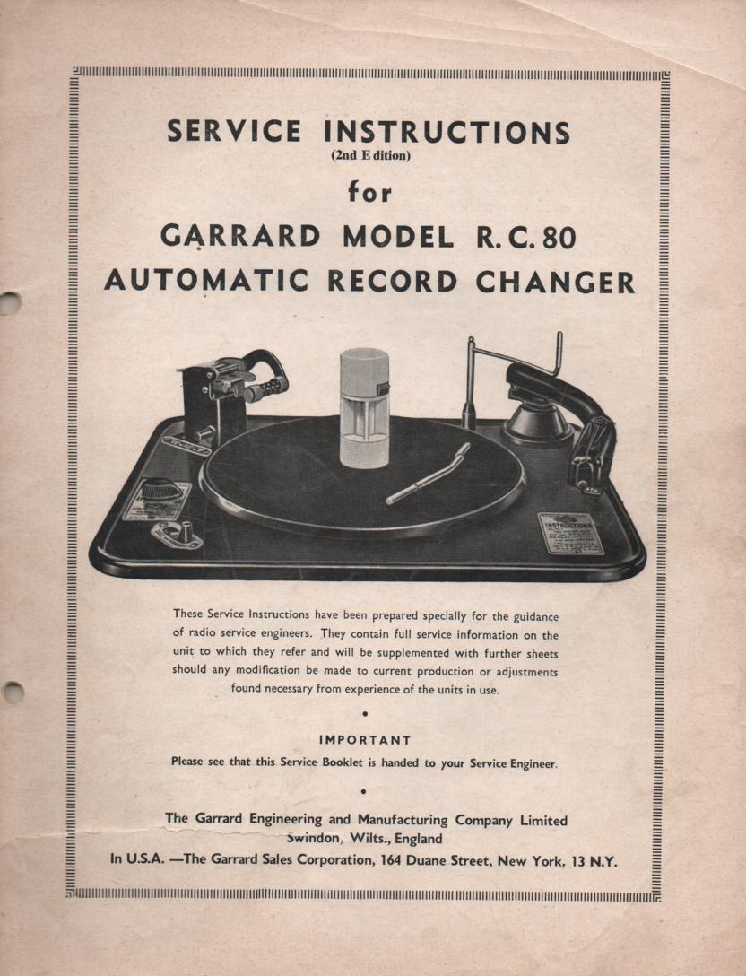 RC-80 Phonograph Turntable Service Manual  GARRARD