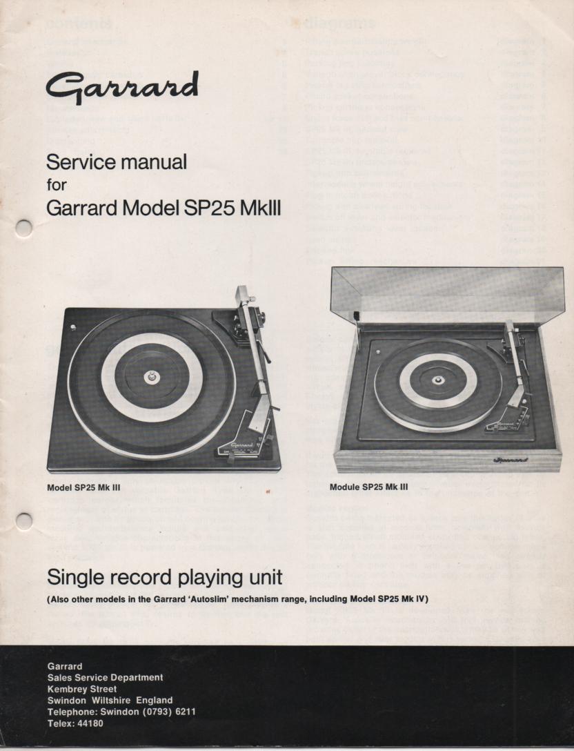 SP25 Mk III 3 IV 4 Turntable Service Manual  GARRARD