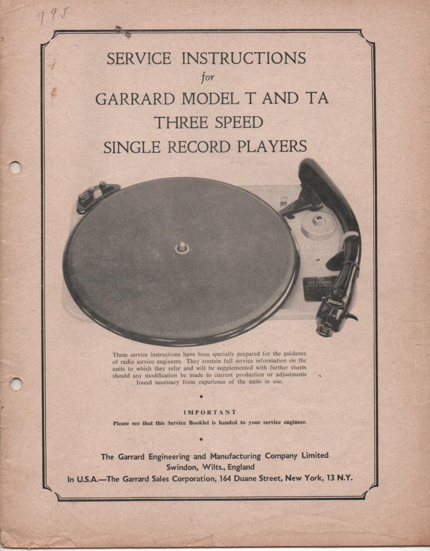 T TA TYPE T TA Phonograph Turntable Service Manual  GARRARD