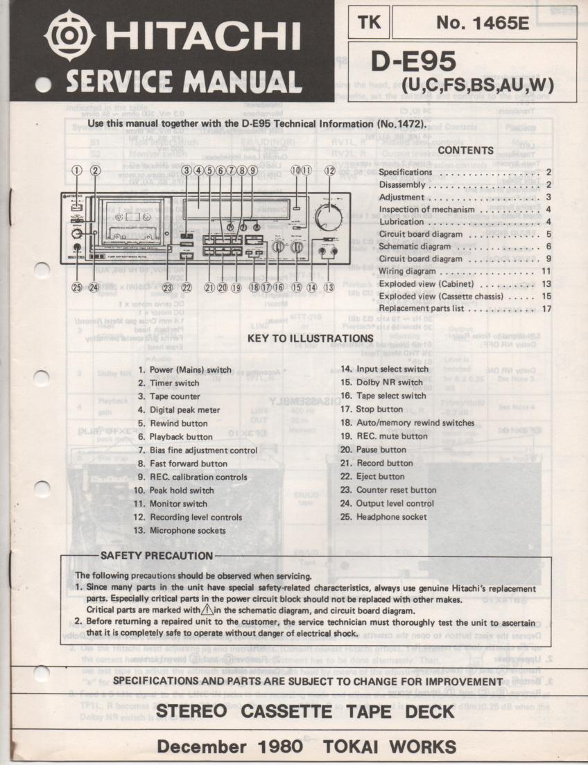 D-E95 Cassette Deck Service Manual .  For U C W FS BS and AU versions.  Manual is in English.. 2 Manual set..