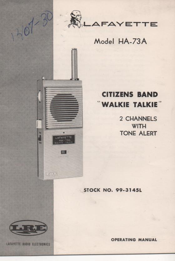HA-73A CB walkie talkie radio Owners Service Manual with schematic.   Stock No. 99-3145L  